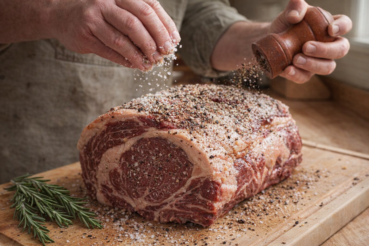 A close-up shot of a prime rib roast being seasoned with kosher salt and freshly ground black pepper on a wooden cutting board, rosemary sprigs nearby